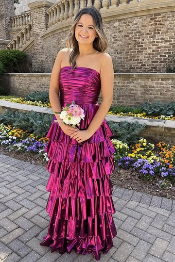 A-Line Strapless Empire Tiered Party Prom Dress